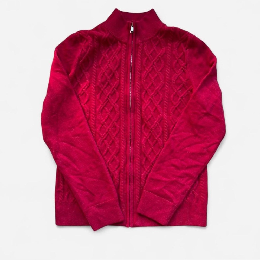 Talbots Red Cable Knit Zip-Up Statement Sweater - Cabin Core, Nordic, Fair Isle